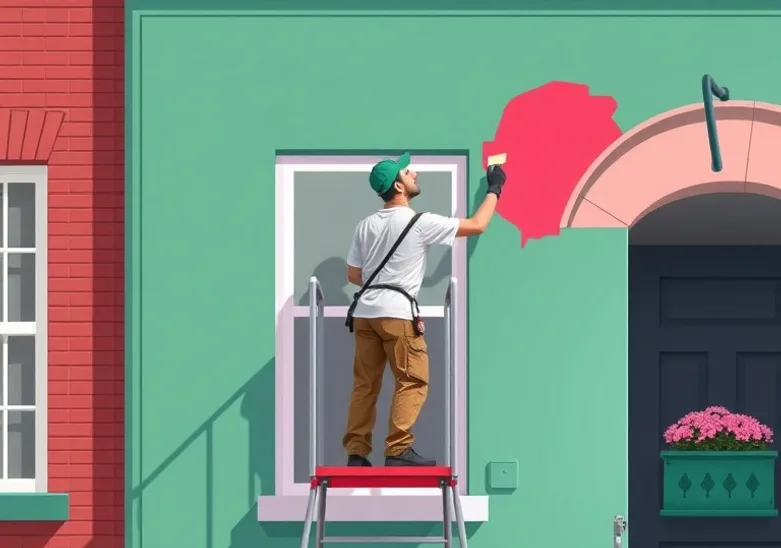 Peintre sur échafaudage traitant la façade d'une maison